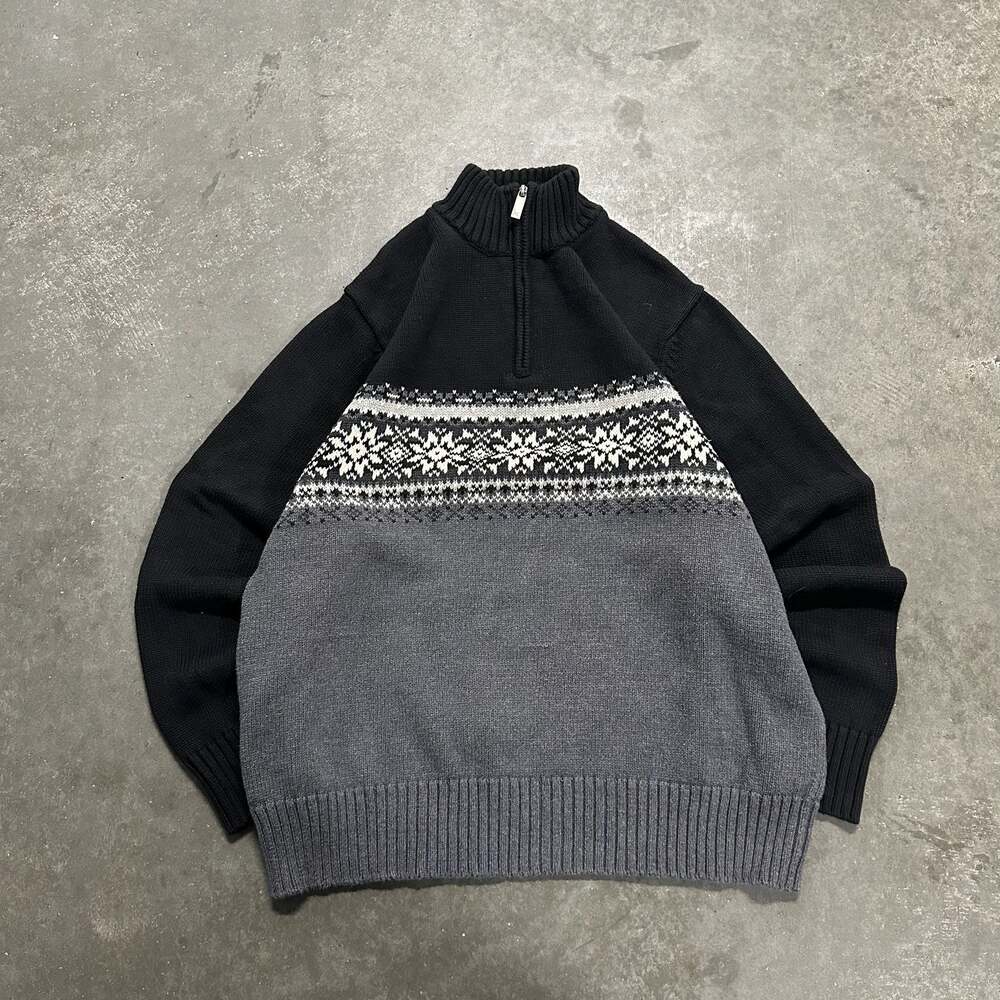 Vintage Eddie Bauer Men's Black Grey Fair Isle 1/4 Quarter Zip Cotton Sweater L